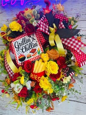 Handmade Grillin' & Chillin' Red and Yellow Summer Wreath - Home Holiday Decor
